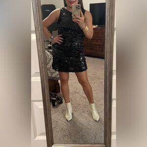 Speechless black sequin sleeveless high circle neck mini shift dress Size SMALL